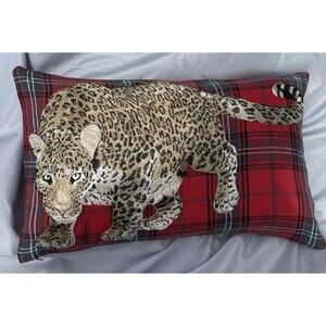 William Sonoma EMBROIDERED Leopard TARTAN Pillow W/ Down Insert Plaid Red Lumbar